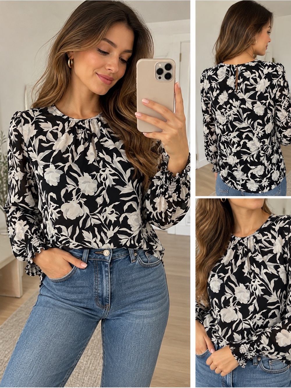 J.Crew Floral Long Sleeve Blouse XXS Preppy Smocked Cuff Keyhole Back